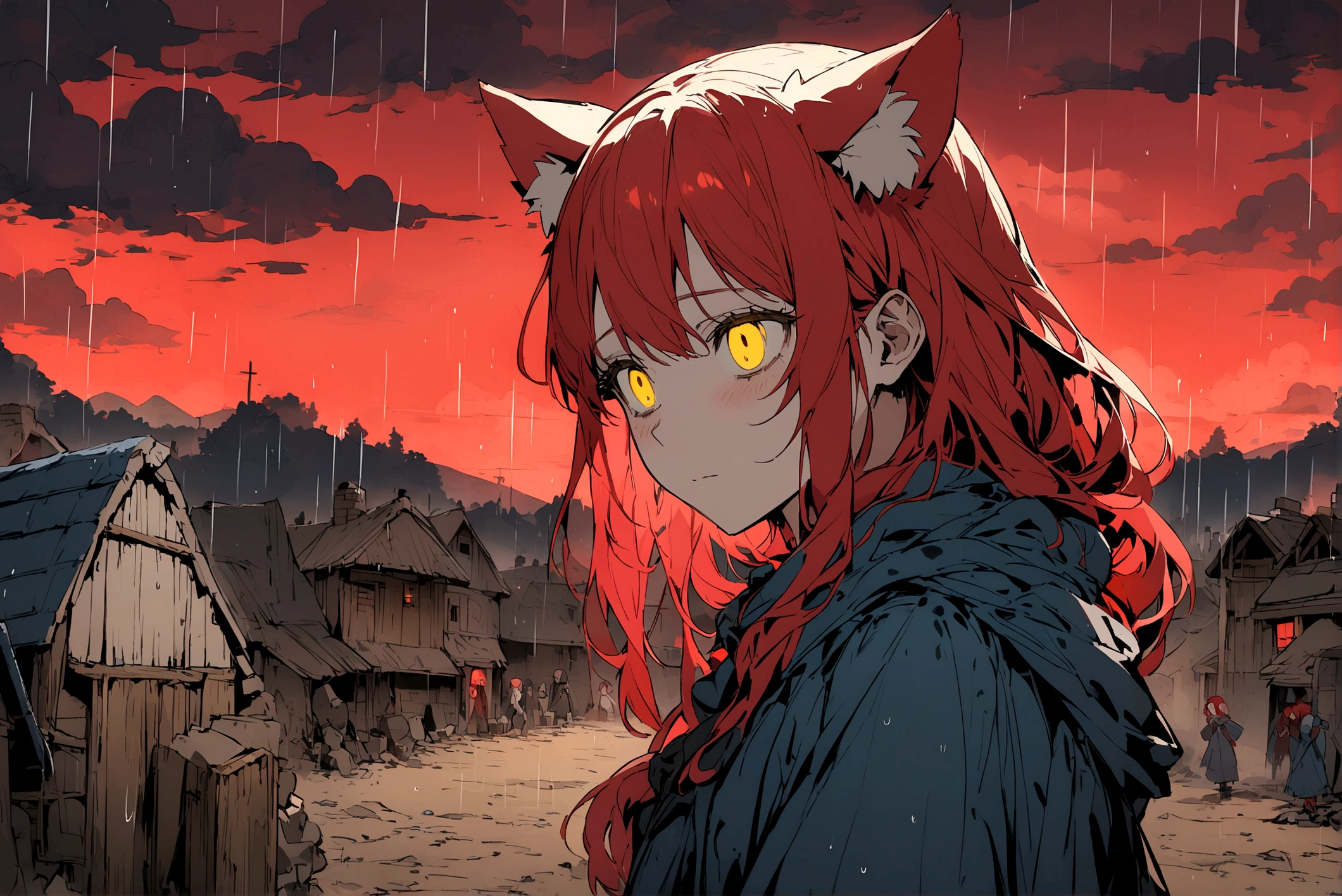 Red-haired girl, Yellow eyes, cat ears, cold and dead eyes, in the middle of a village, everywhere there are dead people and a red sky, a blue moon and clouds with rain.
