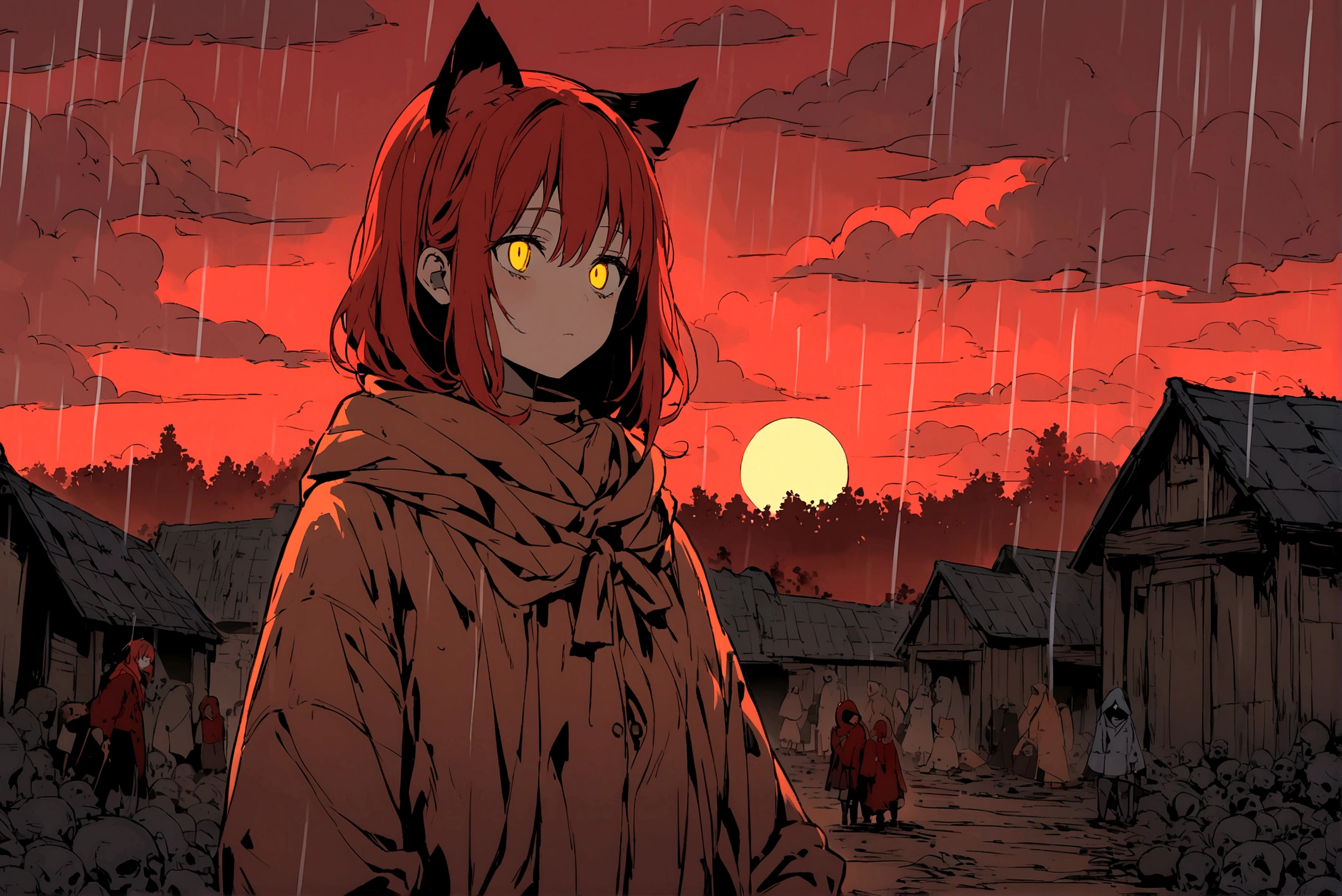 Red-haired girl, Yellow eyes, cat ears, cold and dead eyes, in the middle of a village, everywhere there are dead people and a red sky, a blue moon and clouds with rain.