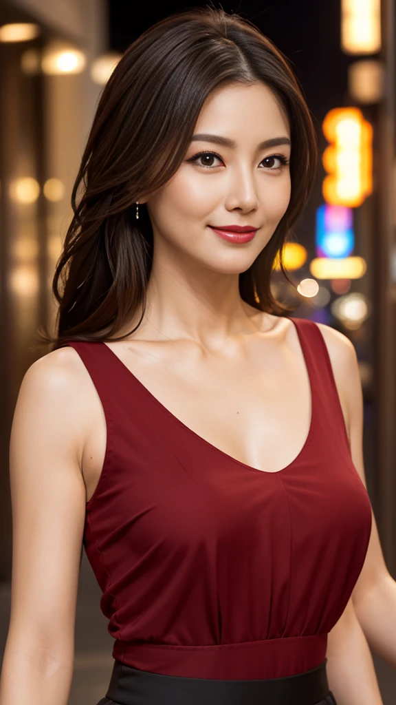 highest quality, 8k resolution, masterpiece, Professional photography, 40 year old beauty, Walk through the downtown area at night, (Elegant and stylish crimson top), Close-up of face, ((Look forward)), (((View your viewers))), smile, Wrinkles around the eyes, Standing Elegantly, Plump and soft body, Elegant and beautiful hair, Shapely breasts, Perfect Makeup, Beautiful lipstick, Elegant eyeshadow, Ultra-high resolution glossy skin