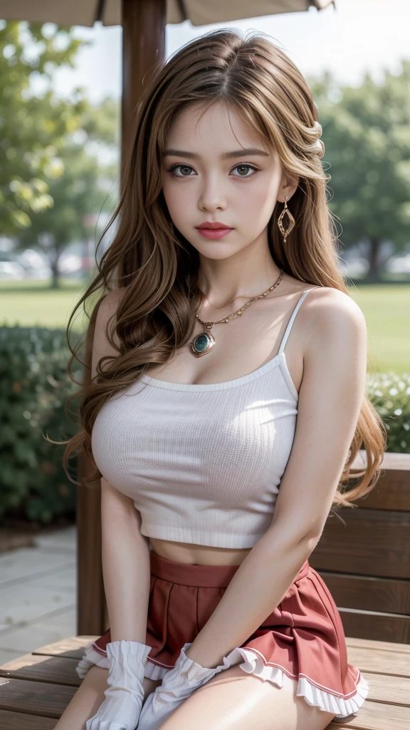 (, high resolution, Ultra Detailed, nffsw), On the table, best quality, SAMA1, Tira, Sailor warrior, White gloves, Red sailor collar, Red Skirt, Star necklace, Elbow groove, Pleated Skirt, Bare legs, Purple bow, Cowboy photoshoot, outdoor, Bokeh (85mm lens), Front camera, Gentle expression, wind blowing hair, fluffy hair, hair ((Brown)), Ponytail, Casual hairstyles, Blonde hair, Mole under left eye, Perfect body, Big breasts, Large Breasts, Top quality wearing hair ribbons, Earrings of top quality,