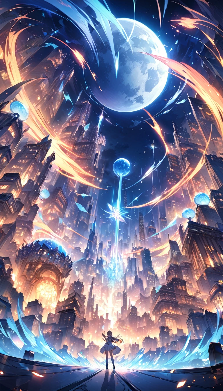 The world of tomorrow, grand details, city, magic, fantastic, night sky, moon, stars, background,

