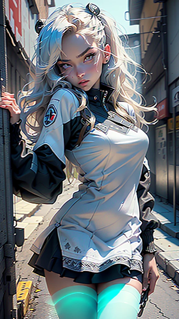 (black riders jacket:1.1), (masterpiece, best quality, pretty girl, beautiful face, 8k, raw photo, photorealistic, absurdres:1.2), s, cowboy shot, dutch angle, facelight, film grain, chromatic aberration, highres, ultra detailed, finely detail, light blue frilled lace dress, detailed skin and eyes and face, sharp pupils, realistic pupils, sharp focus, street