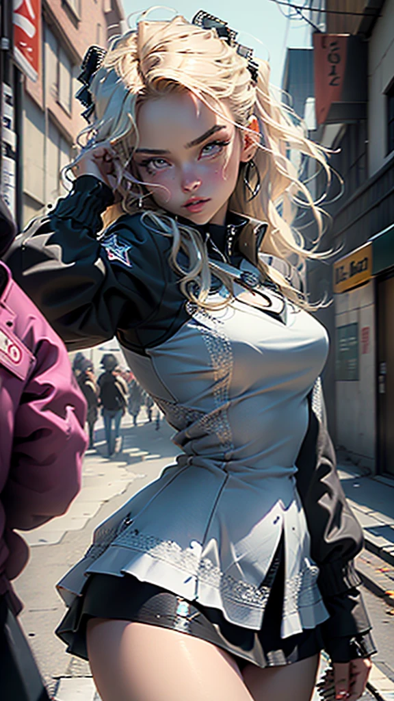 (black riders jacket:1.1), (masterpiece, best quality, pretty girl, beautiful face, 8k, raw photo, photorealistic, absurdres:1.2), teens, cowboy shot, dutch angle, facelight, film grain, chromatic aberration, highres, ultra detailed, finely detail, light blue frilled lace dress, detailed skin and eyes and face, sharp pupils, realistic pupils, sharp focus, street
