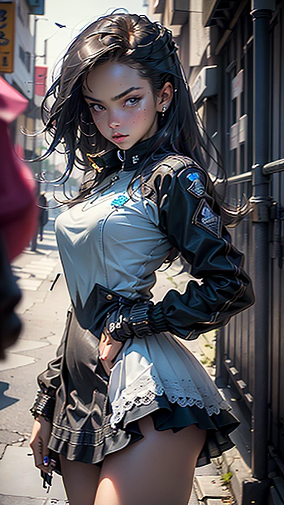 (black riders jacket:1.1), (masterpiece, best quality, pretty girl, beautiful face, 8k, raw photo, photorealistic, absurdres:1.2), teens, cowboy shot, dutch angle, facelight, film grain, chromatic aberration, highres, ultra detailed, finely detail, light blue frilled lace dress, detailed skin and eyes and face, sharp pupils, realistic pupils, sharp focus, street