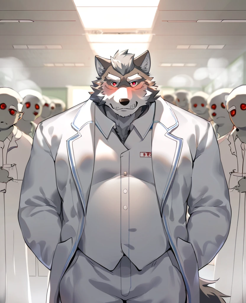 Wolf，personification，Mature male，Strong Man，Gray hair，naked，Disdainful expression，Red pupil，White eyebrows，Shark Teeth，White suit suit，Hands in pockets，The Age of Steam，Hospital Office。