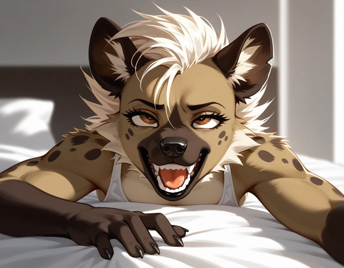 score_9,score_8_up,score_7_up, source_furry, a tall female spotted hyena, brown snout, black nose, brown eyes, athletic body, short spiked undercut platinum blonde hair, black lips, hyena tail, brown hyena ears, lying on a bed, ahegao, portrait, clenched canine teeth, sharp canine teeth, front view, doggystyle,