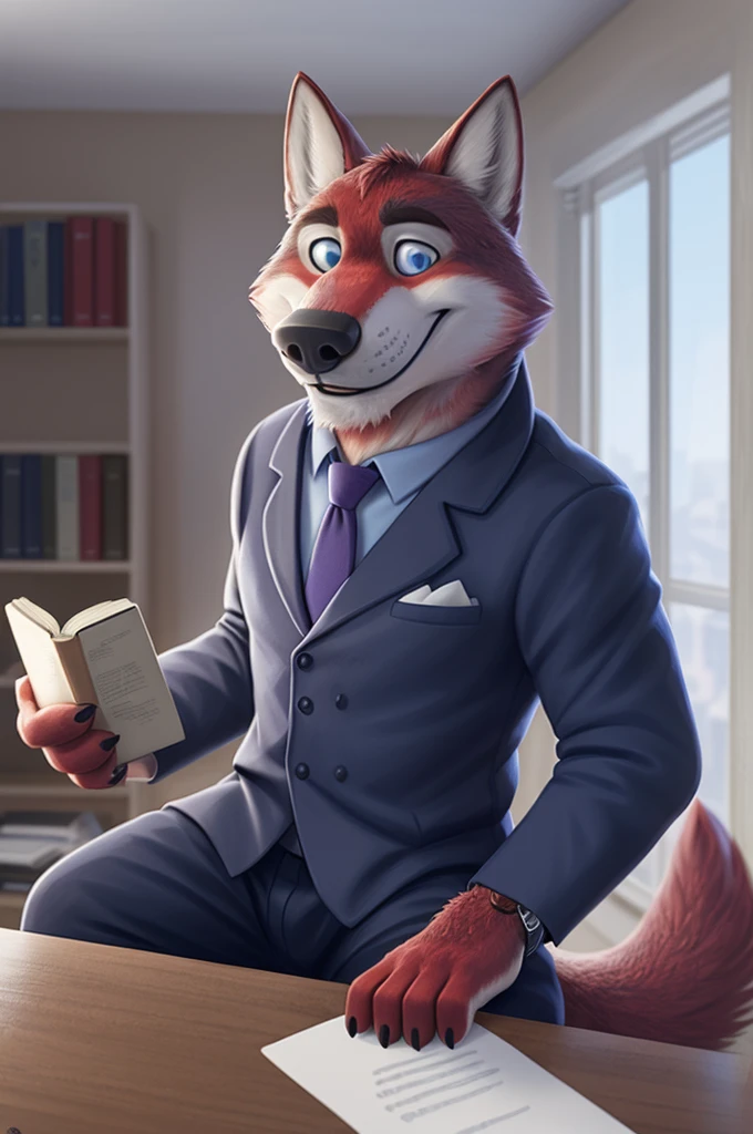 Ivan Fedorovich Wolfbach (Novosibirsk) ,tall handsome, wolf,young, 24 years, brown fur,Kind,(red body:1.3),beautiful blue eyes,Novosibirsk,dressed, shirt, purple tie, trousers, , wolf, detailed fur, male,paw pads, finger claws,At the viewer, 5 fingers, paws, 5 fingers, smile, wrist watch, т nextel,by xenoforge, (difficult, high detail, digital photography, soft focus, RAW variety вкдущий передачи,Very close to the camera, variety,Novosibirsk, smile, good mood, positive, Very close to the camera, is sitting, poet of books, is sitting за компьютером столом, apartment, holding a pen,
Photorealism, realistic, digital style, Subsurface scattering,I look at the viewer,smdit writes a book, a glass of water, handle, paper,
masterpiece, Best quality, ultra realistic, 8 thousand.)