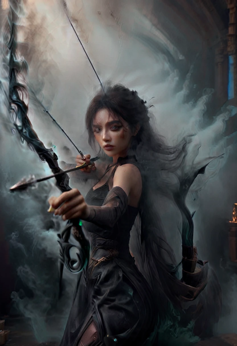 Action shot of beautiful aiming a black bow weapon, (smoke:1.5), bow and arrow, aiming at viewer, girl made up of black smoke, (partially concealed), african woman, dark skin, smoke on the water, covered by smoke, emerging from the shadows, bright eyes, glimpses, dark theme, foggy glass, cloaked in smoke, wrapped in darkness, 8K, HD, amazing quality, HD, masterpiece, best quality, hyper detailed, ultra detailed, smoke in foreground