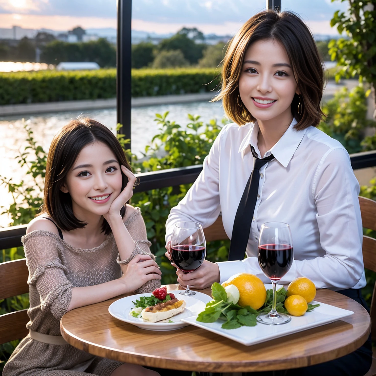 ((Highest quality、8K、masterpiece:1.3))、 (Ultra-realistic、 Genuine、Bright image、Intricate details:1.2), 最高のsmile、1 male 1 female、Beautiful couple、Satomi Ishihara、Slim lovers、Kind woman、actress couple、smile、Full-course dinner at a packed table、 (Slim face), (the body is slim), (Brown Hair), (short hair), テーブルのwine glass、Please shine a light on my face、 Amazing view of the sunset sky and clouds、35 years old 39 years old, red wine 、Appetizers、Wine bottle、sparkling wine、Long sleeve shirt、dress、White wine, red wine, wine glass,