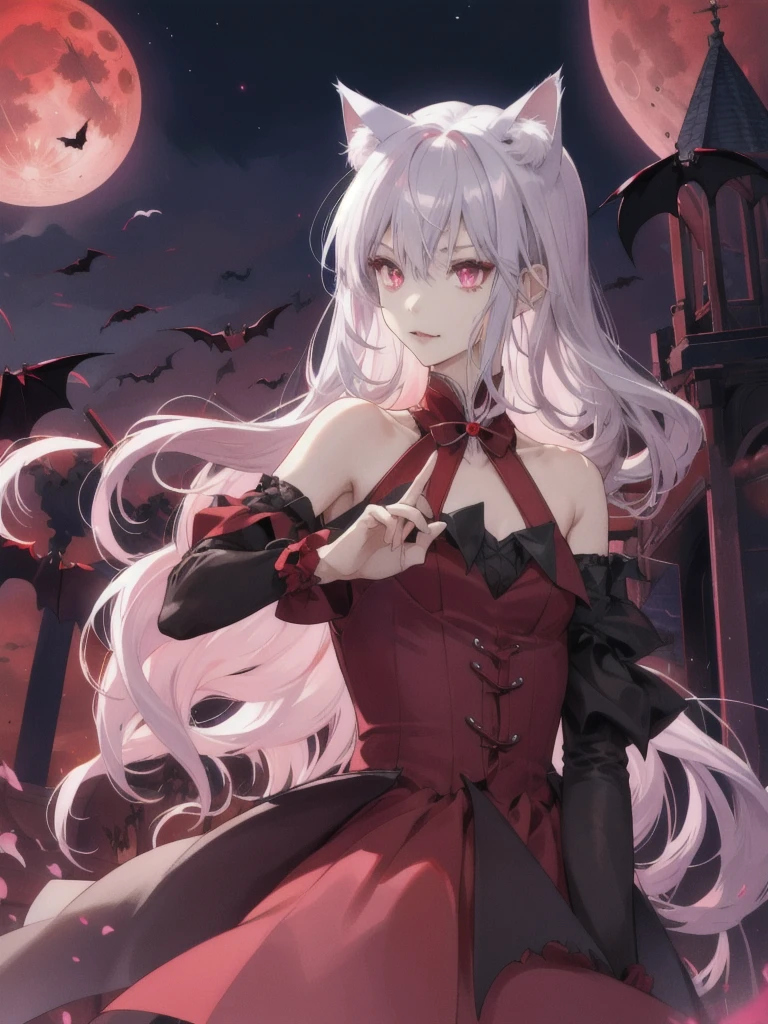 the bats、Cat ear, girl with、doress、Red Moon,Red Moon、、vampire、doress、off shoulderidnight, Beautiful silver hair,Pink inside,Beautiful pink eyes