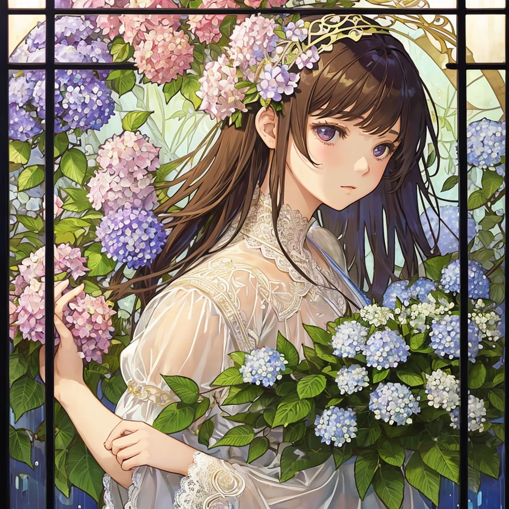 (((1 girl ))), masterpiece, highest quality, beautifully、aesthetic: 1.2, gem, Quality lace, Detailed frame, Flowers, Hydrangea, leaf, A beautiful girl fits into the frame, Alphonse Mucha Style, Transparent and beautiful stained glass background,  colorful hair, rainy image