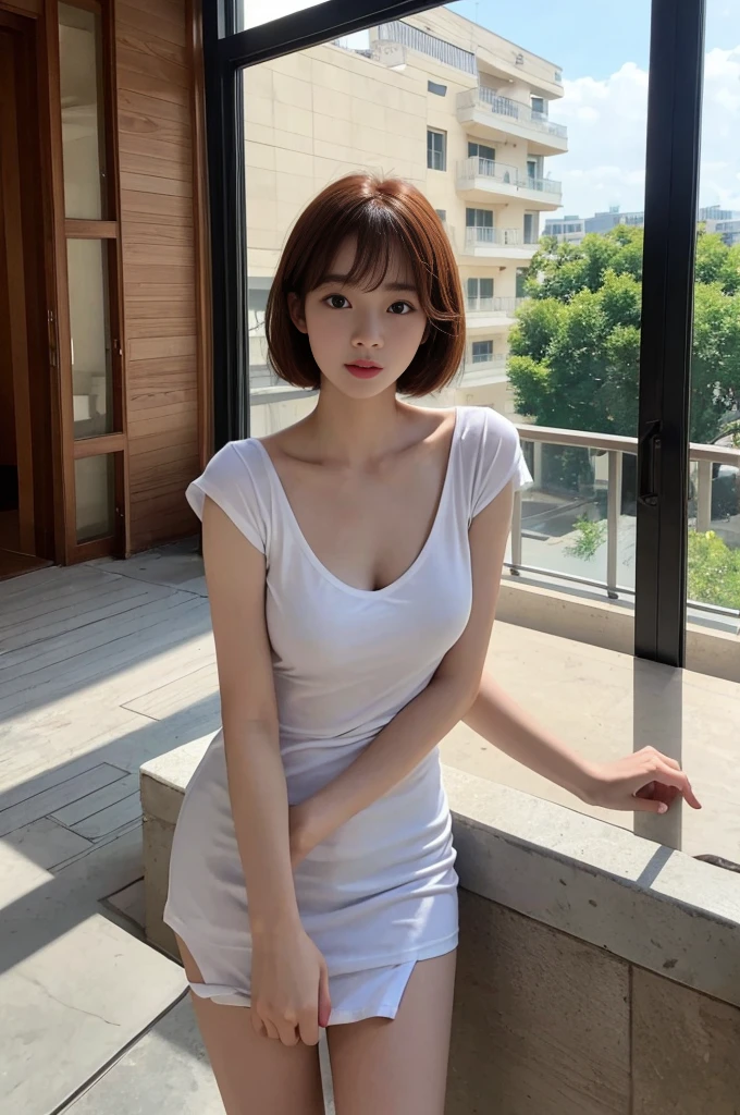 Photorealistic and high quality。Sharper image quality。NSFW。Leaning forward。V-neck T-shirt。Showing off her décolletage。Sunny hotel balcony。The light is on my face。short hair。Auburn Hair。Wavy Hair。See-through bangs。No makeup。Beautiful 21 year old Korean girl。The corners of the mouth are raised。
