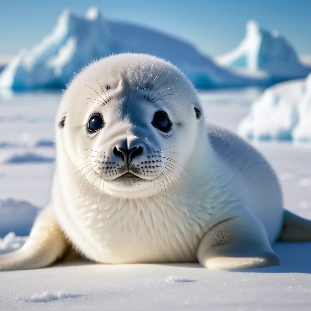 (Realistic photos, Photos taken by a professional photographer), Baby seals, White fluffy fur, cute, Beautiful Landscape, Snowy Antarctica, Shooting with a short focal length lens, (Highest quality, 8K, masterpiece, Cinematic camera angles, Cinematic lighting)