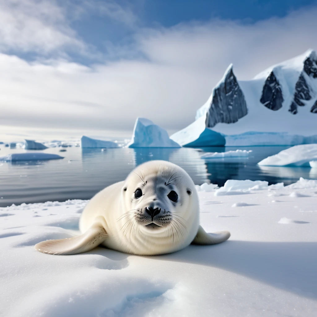 (Realistic photos, Photos taken by a professional photographer), Baby seals, White fluffy fur, cute, Beautiful Landscape, Snowy Antarctica, Shooting with a short focal length lens, (Highest quality, 8K, masterpiece, Cinematic camera angles, Cinematic lighting)