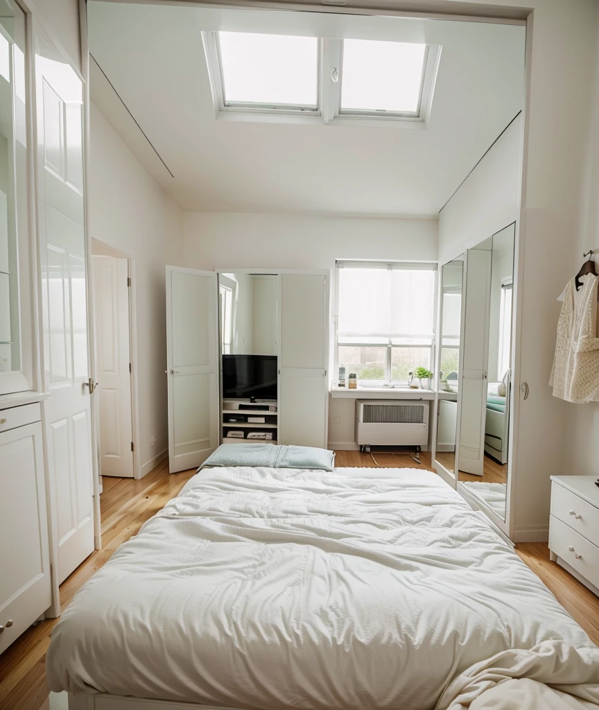 a room with a glass window a big soft bed with a stuffed animal,un closet ,a white dresser and a television and a large mirror 