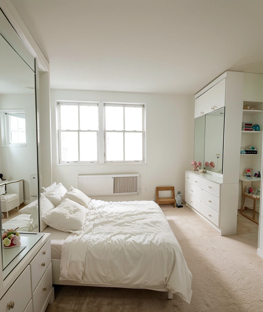 a room with a glass window a big soft bed with a stuffed animal,un closet ,a white dresser and a television and a large mirror