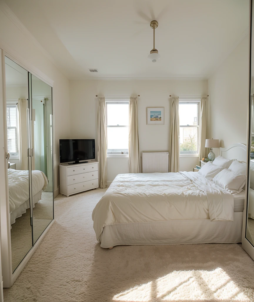 a room with a glass window a big soft bed with a stuffed animal,un closet ,a white dresser and a television and a large mirror 