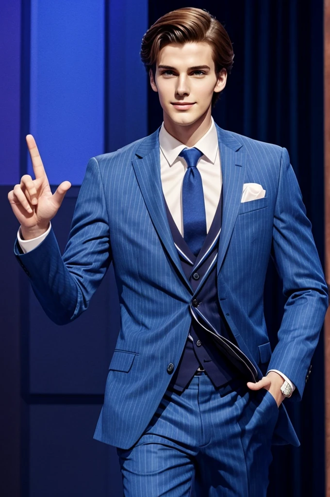 a tall and super attractive boy, wearing an elegant blue suit with stripes and is waving, anime style 