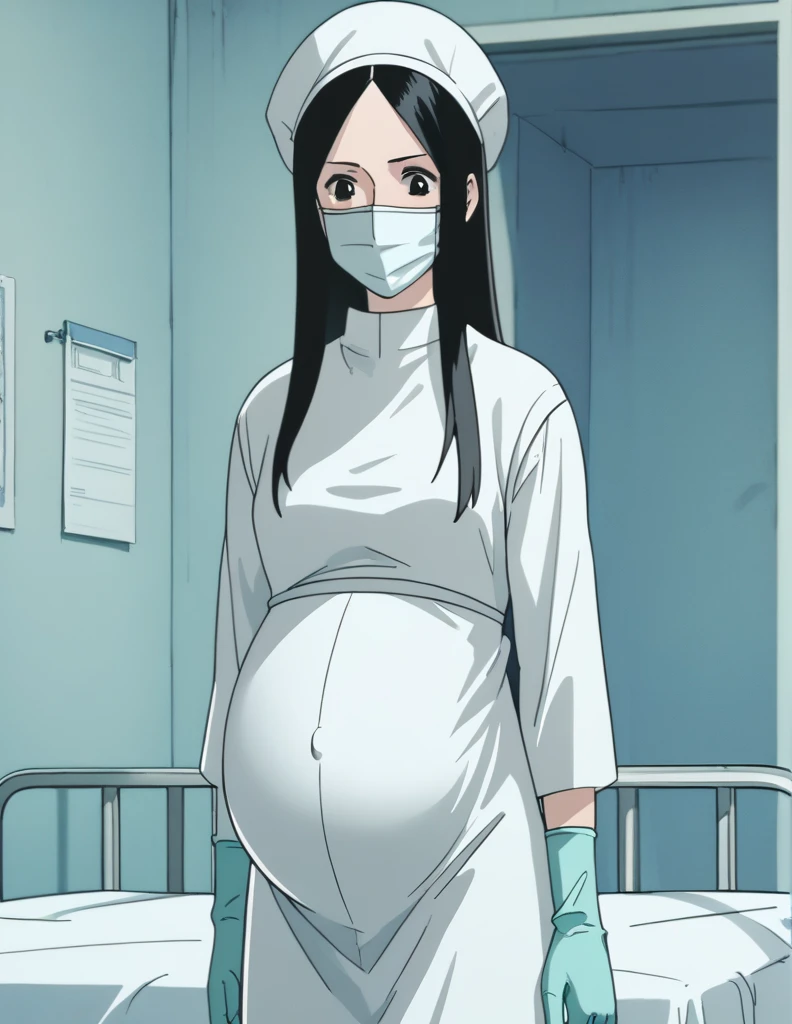 score_9, score_8_up, score_7_up, source_anime, kasuganoray, pale skin, shy eyes, long hair, scrubs, surgical mask, surgical cap, Long sleeve maternity dress,
1girl, pregnant, solo, rubber gloves, looking down, furrowed brow, hospital bed, standing