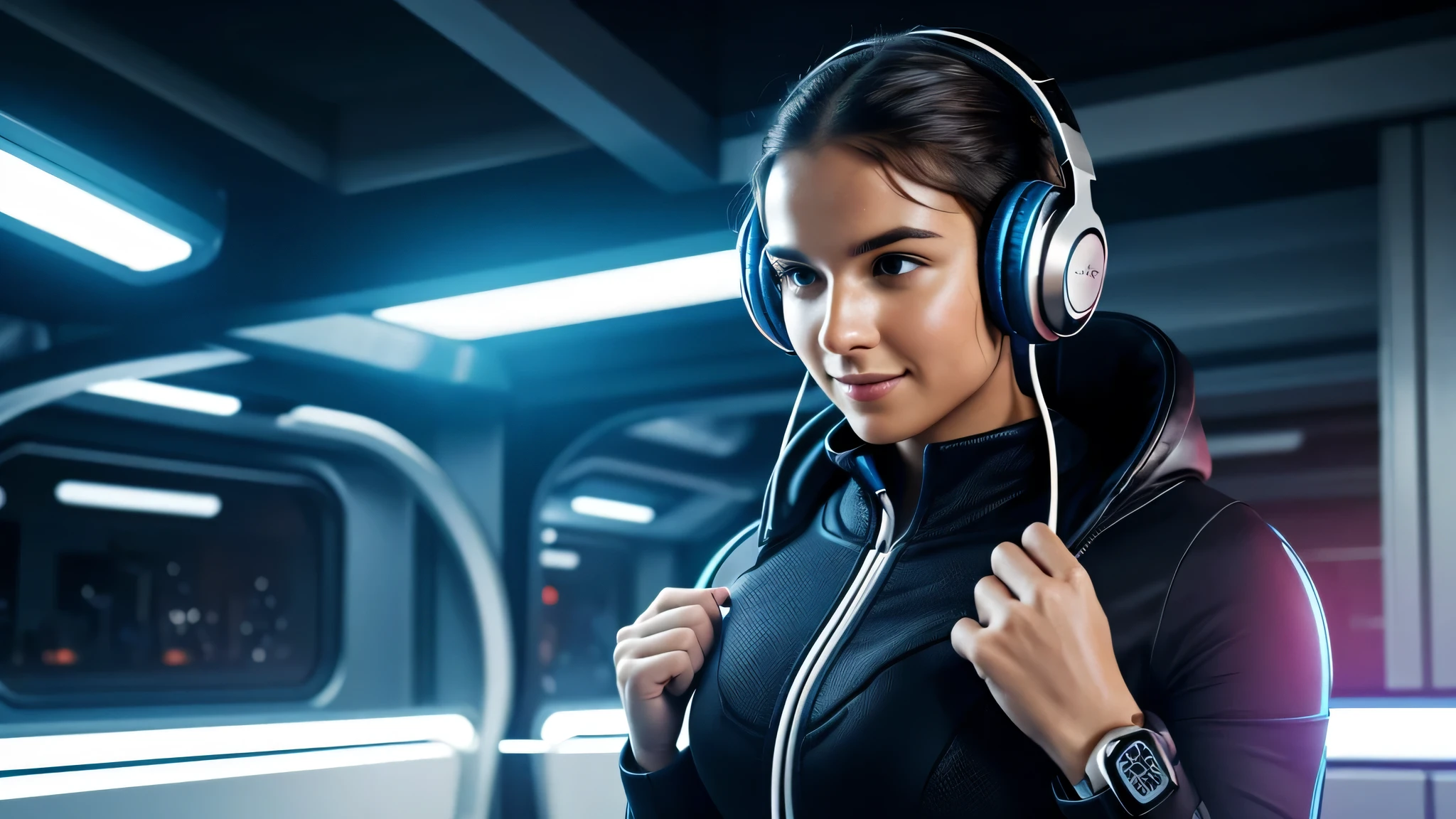 Sci Fi Futuristic ultra realistic -  Background: A futuristic ultra real dynamic background that incorporates elements of commuting, working out, and doing chores (headphones, ). Main Image: A person wearing headphones, looking excited and immersed in an audiobook, with a background that transitions from mundane tasks to thrilling adventures.