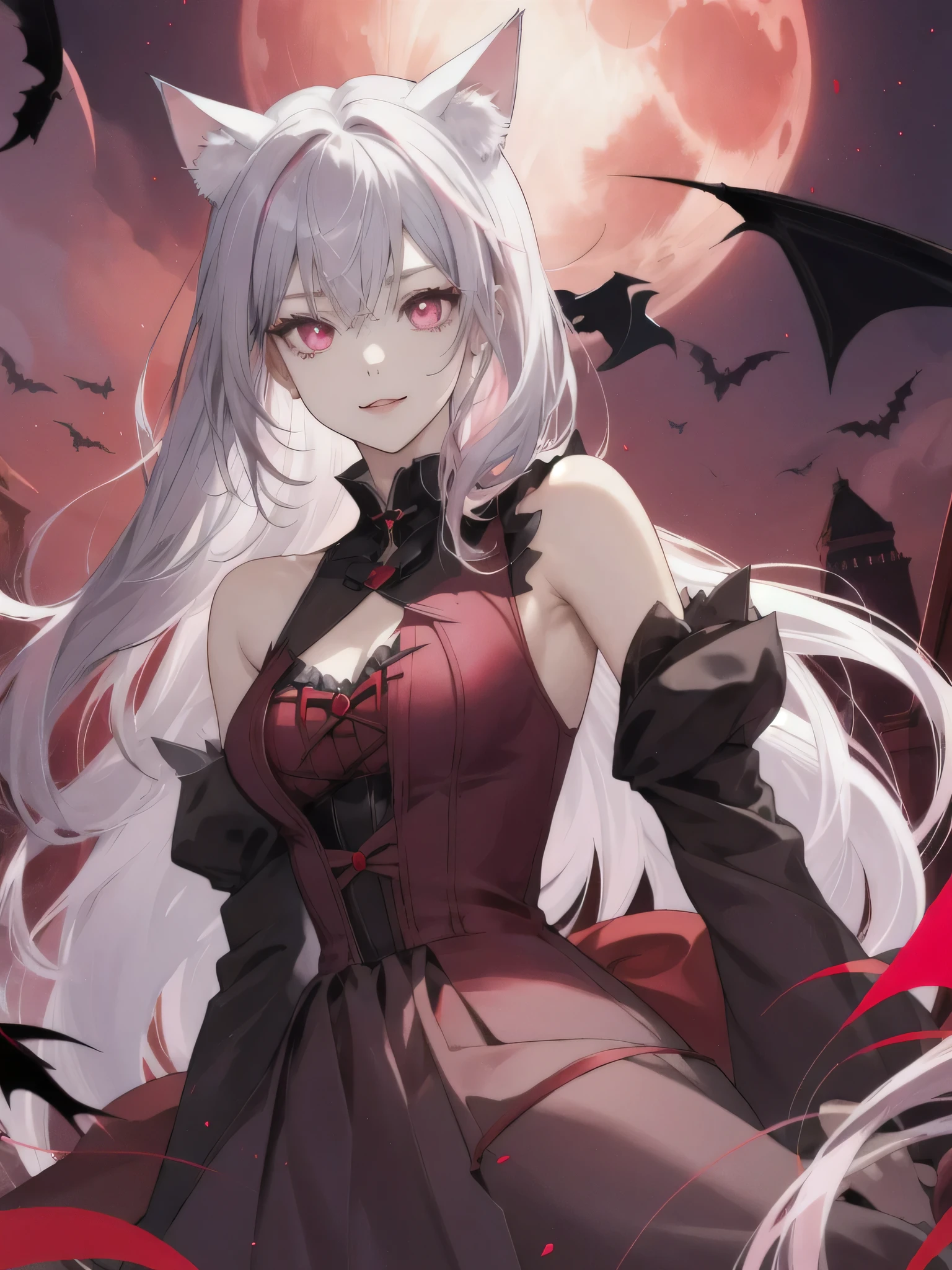 the bats、Cat ear, girl with、doress、Red Moon,Red Moon、、vampire、doress、off shoulderidnight, Beautiful silver hair,Pink inside,Beautiful pink eyes