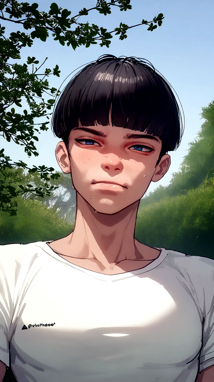 8K, work of art, best qualityer, realisitic, highy detailed, cowboy shot, 1 young boy, standing alone, Fuutarou, young man, skin fair, Bblack hair, bowl cut, Two wires sticking out of the back of your head, strip that covers the head, blue colored eyes, lean physique, tall build, tends to be sloppy, serious expression, scary and violent vibe, the way you want, military