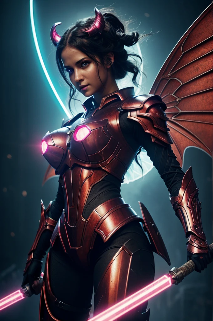 Beautiful succubus warrior in Neon Mecha armor holding a staff on a white background studio, bright light eyes, demon wings, plano general, biomechanical, Mysterious, creepy, nightmarish, Very bright neon colors., light particles, with light glareing, Winner of best photo of the year, epic cinematic take, pure form, intricate detail, 8k post-production, high resolution, super detail, highest bit, highly detailed armor, reddish, ck, very detailed background，realist，ultra detailed，super detailed skin，light glare，film grain，According to II，Lens flare，Sharpen，cinematic shadow