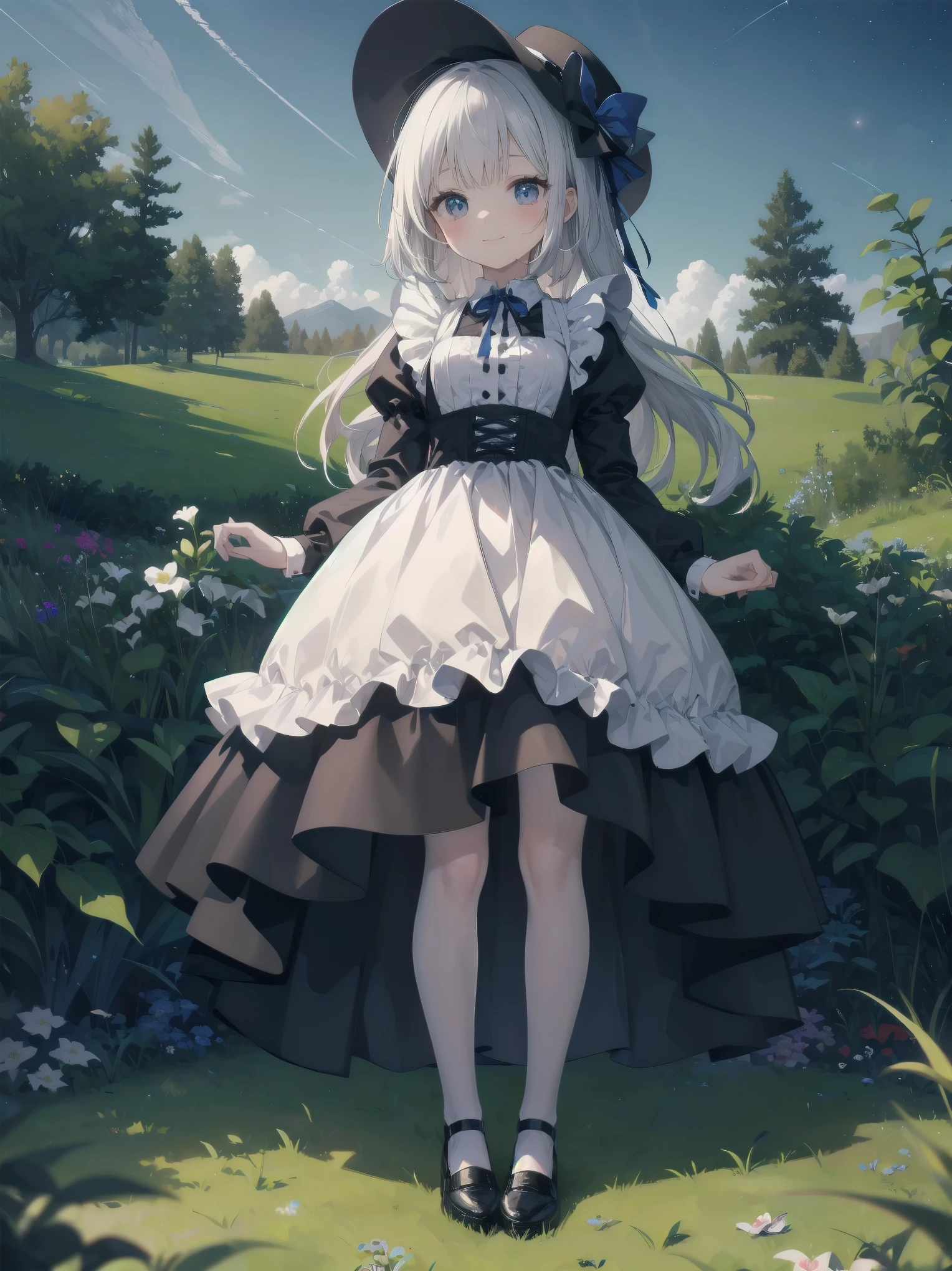 A serene outdoor scene unfolds at dusk, with a brilliant blue sky transitioning into a canvas of twinkling stars. A beautiful young girl, dressed in a stunning white and black gothic maid dress adorned with a navy blue ribbon, stands amidst lush green grass. Her companion, a delightful toddler, dons a charming maid hat with ruby accessories, complemented by black stockings and shoes. The little one beams with joy, smiling brightly as they gaze up at the celestial display together