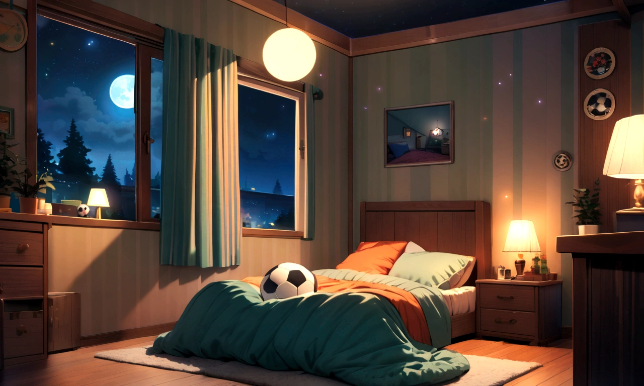 cozy room, night, window, moon, lamp on, soccer ball