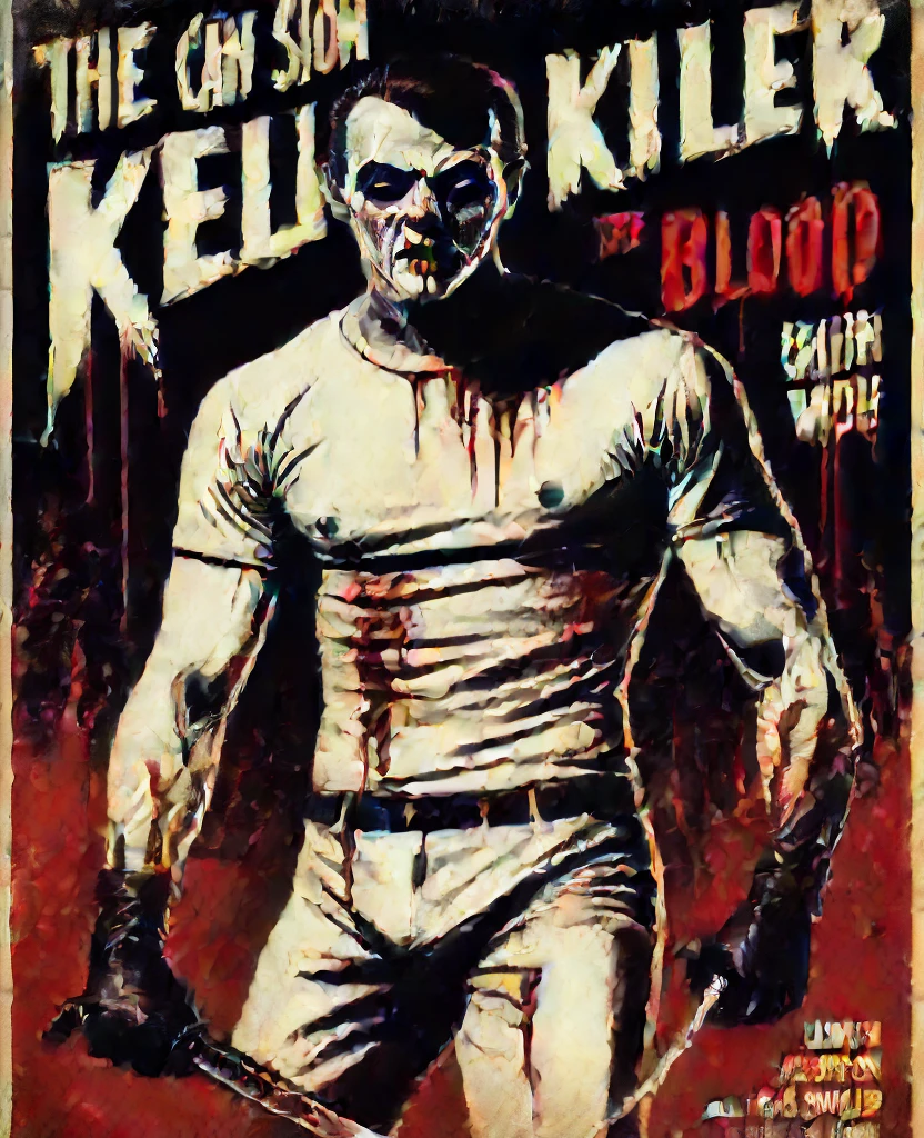 Create a retro horror movie poster with the killer on the cover.  the killer has an athletic body and his hands are full of blood, we can&#39;t see his eyes because there is a shadow ,but he seems mysterious the poster is styled in a 60s horror movie style drawn in the colors of the poster are red,close and beige.