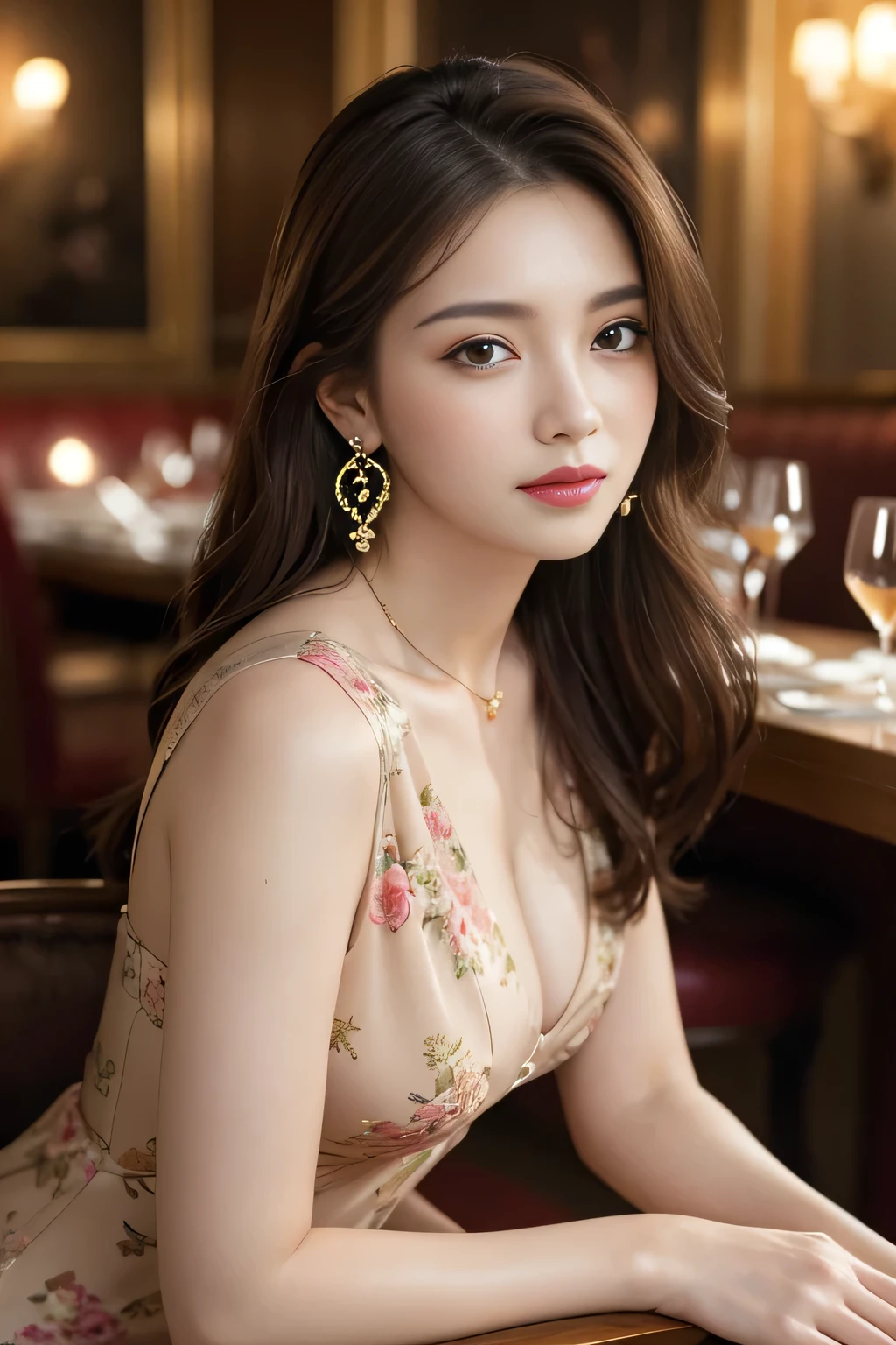 masterpiece, Highest quality, Realistic, Very detailed, Finer details, High resolution, 8k wallpaper, One beautiful woman, Wear an elegant floral dress, In a great restaurant, At night, Light brown messy hair, Perfect dynamic composition, Beautiful and beautiful eyes、Big earrings、Sit on a chair、