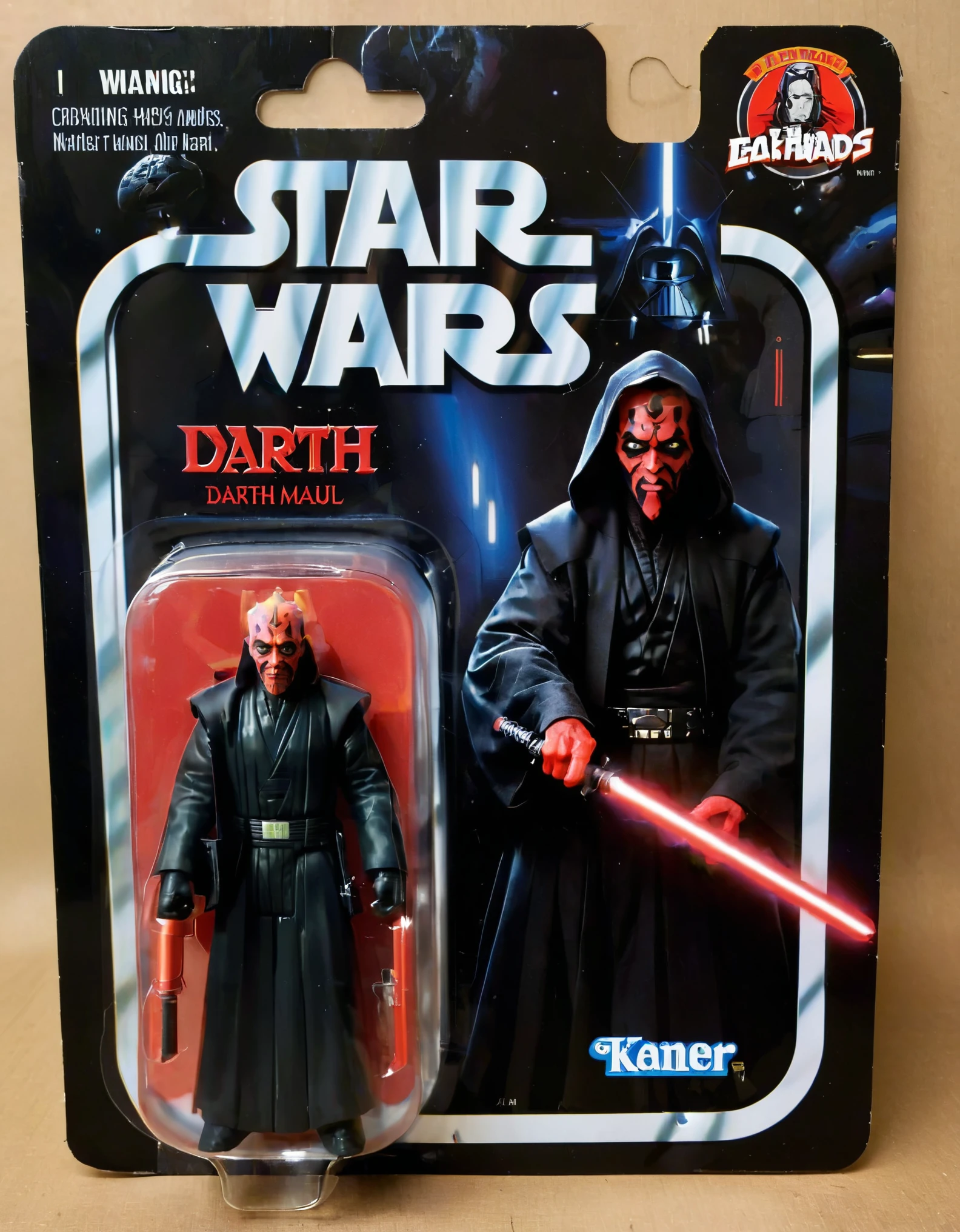 A lifelike figurine resembling the well-known dark side Jedi master of star wars, Darth Maul, stands prominently displayed. The figurine captures his iconic exaggerated features with striking realism, including his metalic full body machine and lightsaber Alongside it, the packaging showcases a cartoon illustration of jedi master, adding a playful contrast to the realism of the figure. The monotone yet menacing packaging is a juxtaposition to the character. The name ('Darth Maul':1.5) is printed in bold, eye-catching letters on the packaging, highlighting his renowned identity,