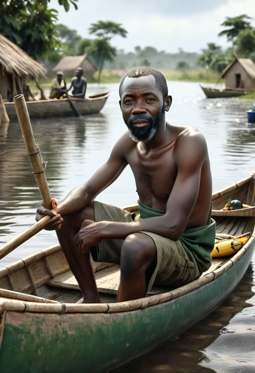 8K, Best Quality, Ultra High Resolution, (Realism 1.4), Original Photo, a photorealistic full body shot of Osagie, an African village fisherman, 30 years old,(((sitting in his canoe))), (((looking at other fishermen fishing))), highly detailed, beautiful scene, photorealistic image, 4k