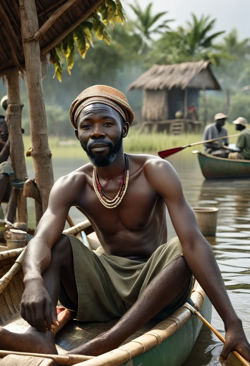 8K, Best Quality, Ultra High Resolution, (Realism 1.4), Original Photo, a photorealistic full body shot of Osagie, an African village fisherman, 30 years old,(((sitting in his canoe))), (((looking at other fishermen fishing))), highly detailed, beautiful scene, photorealistic image, 4k