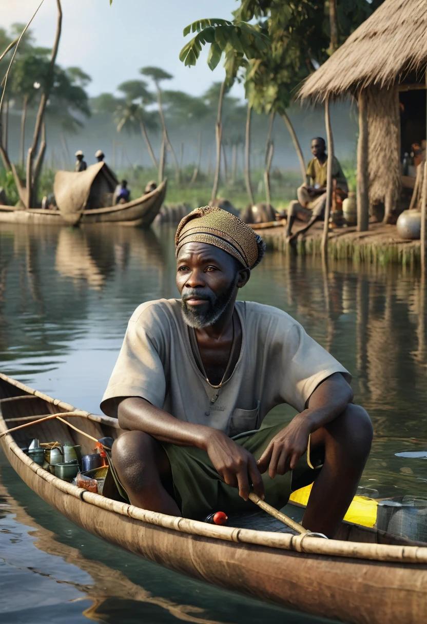 8K, Best Quality, Ultra High Resolution, (Realism 1.4), Original Photo, a photorealistic full body shot of Osagie, an African village fisherman, 30 years old,(((sitting in his canoe))), (((looking at other fishermen fishing))), highly detailed, beautiful scene, photorealistic image, 4k