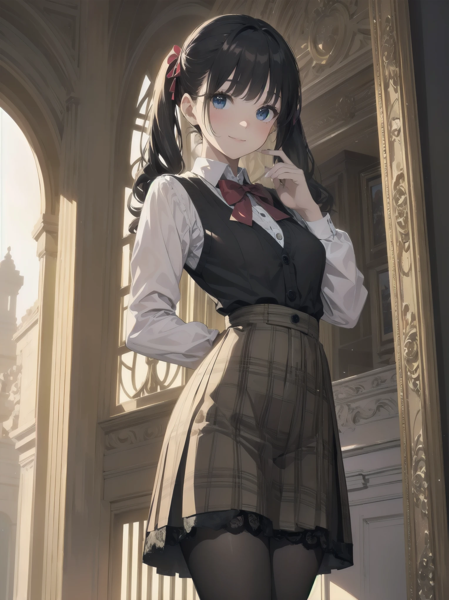 A lavish, photorealistic illustration of Soro, a charming 19th-century maiden, exudes elegance in a masterfully crafted scene. Framed by a ornate, gilded archway, she stands poised, her twintails adorned with sparkling bows, her cardigan vest and short-sleeved shirt perfectly complementing her plaid skirt. Over black legwear, her loafers add a touch of whimsy. A radiant smile spreads across her face, her eyes sparkling like diamonds in the soft, golden light. Every detail, from the intricate lace trim to the delicate folds of her garments, is meticulously rendered by a master illustrator's hand, Dynamic angle shooting by Spielberg、Audrey Hepburn&#39;s acting instruction: Dynamic poses
