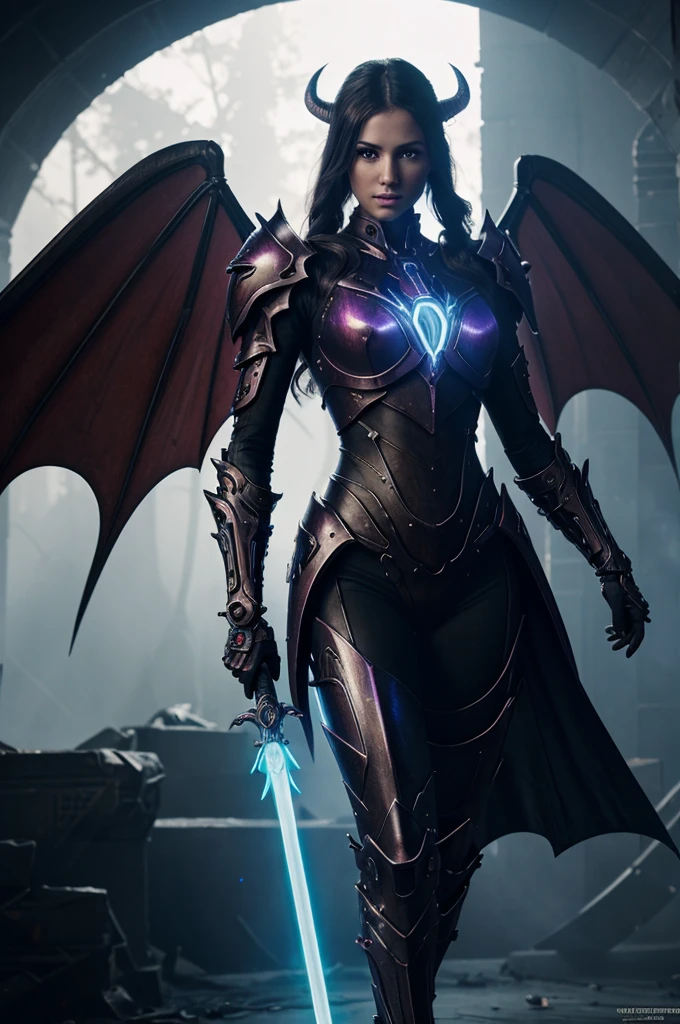 Beautiful succubus warrior in Neon Mecha armor holding a staff on a white background studio, bright light eyes, demon wings, plano general, biomechanical, Mysterious, creepy, nightmarish, Very bright neon colors., light particles, with light glareing, Winner of best photo of the year, epic cinematic take, pure form, intricate detail, 8k post-production, high resolution, super detail, highest bit, highly detailed armor, reddish, ck, very detailed background,realist,ultra detailed,super detailed skin,light glare,film grain,According to II,Lens flare,Sharpen,cinematic shadow, Lovecraft monster