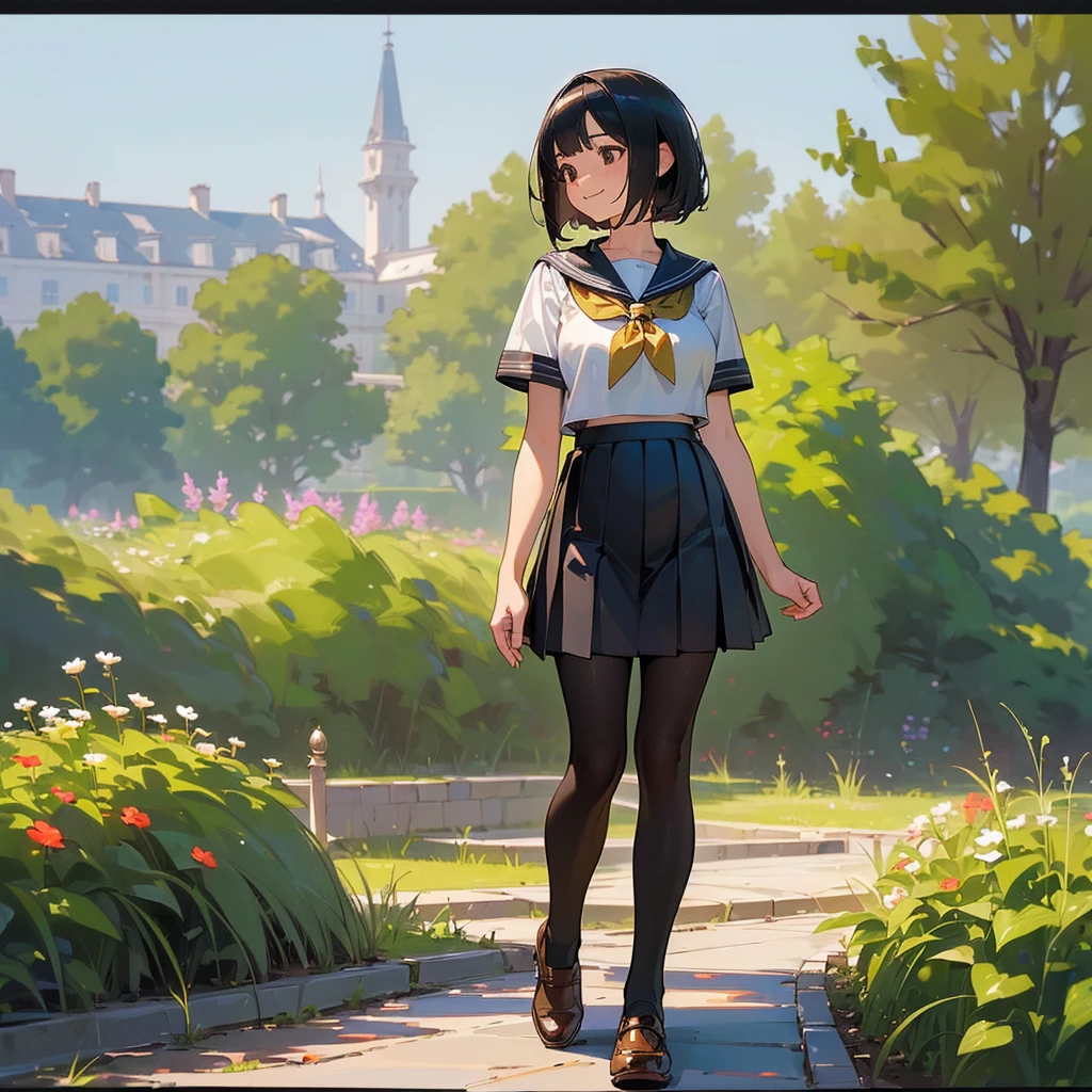 (Highest quality, High resolution, Super detailed, Realistic:1.37), Peaceful atmosphere, (Outdoor, garden), age girl standing alone,(my breasts are big.),Beautifully detailed features, Cute Smile, ((Black bob hair)),Short-sleeved sailor uniform, Pleated skirt,Black tights,Brown leather shoes.