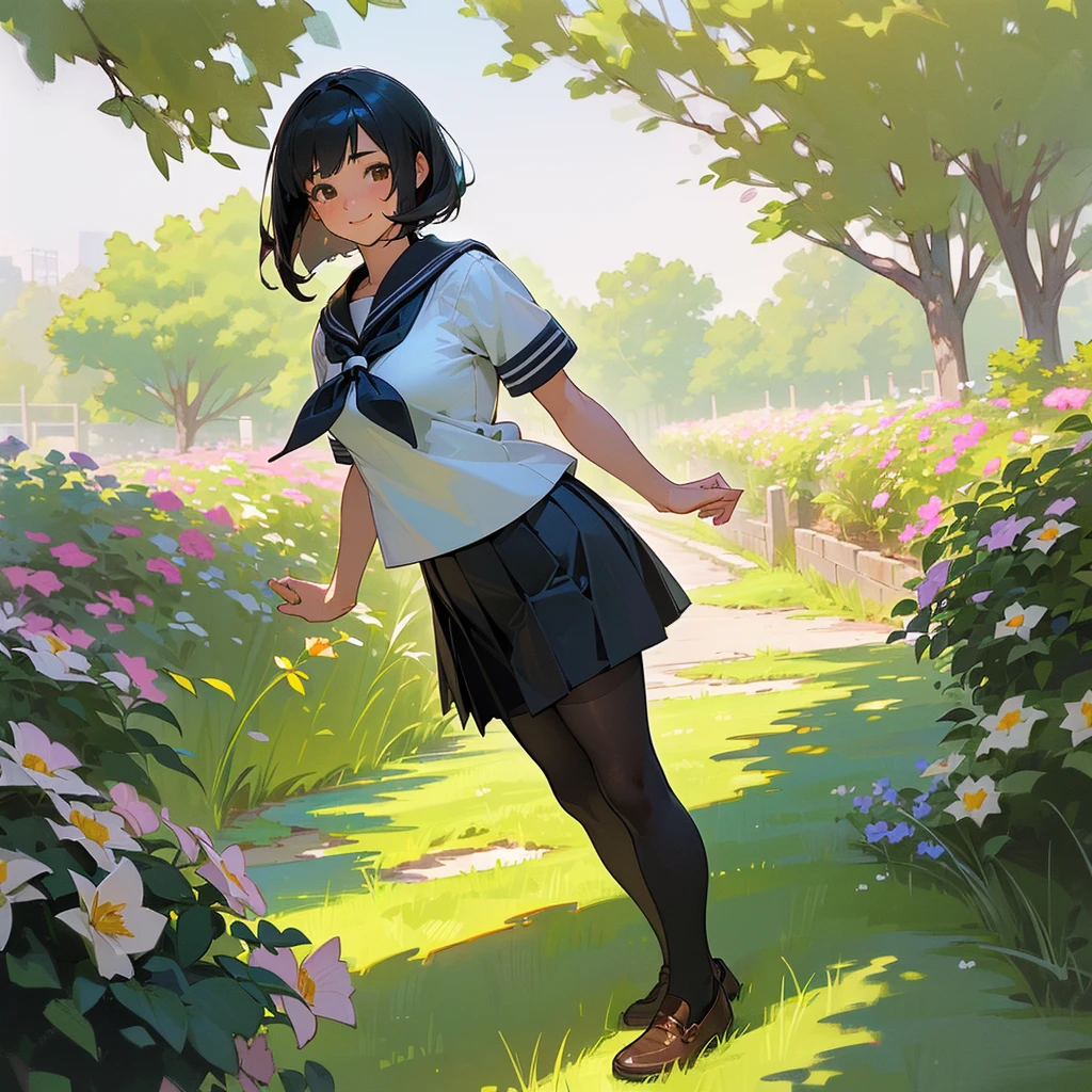 (Highest quality, High resolution, Super detailed, Realistic:1.37), Peaceful atmosphere, (Outdoor, garden), Teenage girl standing alone,(my breasts are big.),Beautifully detailed features, Cute Smile, ((Black bob hair)),Short-sleeved sailor uniform, Pleated skirt,Black tights,Brown leather shoes.