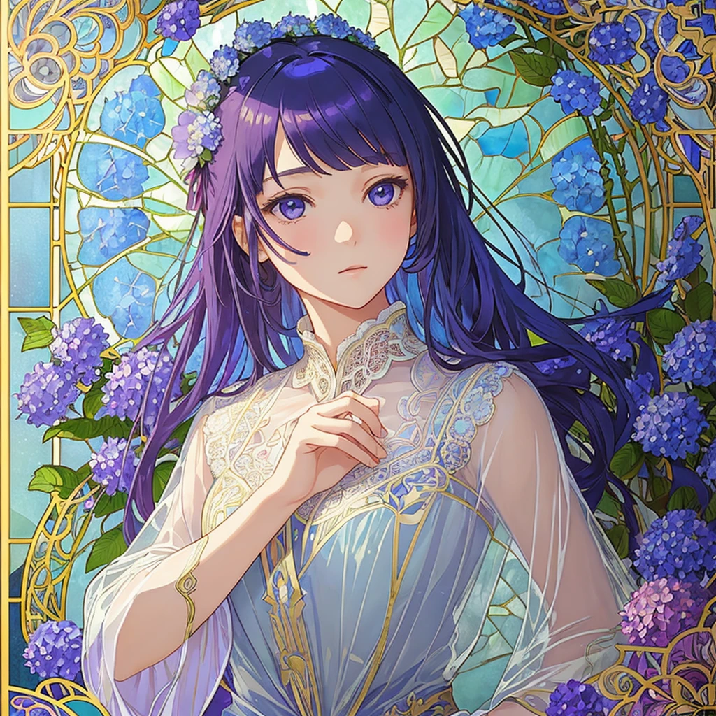 (((1 girl ))), masterpiece, highest quality, beautifully、aesthetic: 1.2, gem, Quality lace, Detailed frame, Flowers, Hydrangea, leaf, A beautiful girl fits into the frame, Alphonse Mucha Style, Transparent and beautiful stained glass background,  blue purple colorful hair, dreamy