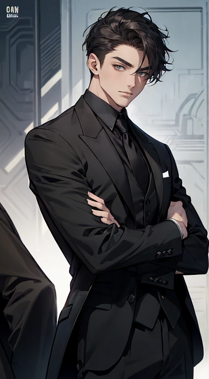 ((a young man in a black suit and tie)), taken in the early 2020s, gotham, alejandro, he looks very sophisticated, (((left side swept bang black short hair))), (dark green eyes and thick eyebrows), smirk. ((20 years old)), ((Black suite and black tie)), masterpiece, posture dynamic, one person,
