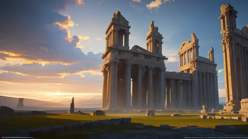a vast, sweeping landscape of a majestic ancient Roman city floating amidst dramatic clouds, with windmill-like structures and classical Roman temple architecture, (best quality,4k,8k,highres,masterpiece:1.2),ultra-detailed,(realistic,photorealistic,photo-realistic:1.37),dramatic lighting,cinematic composition,dramatic sky,fantasy,surreal,intricate details,volumetric fog,dramatic lighting,dramatic atmosphere,stunning scenery,fantastical architecture,digital art,concept art