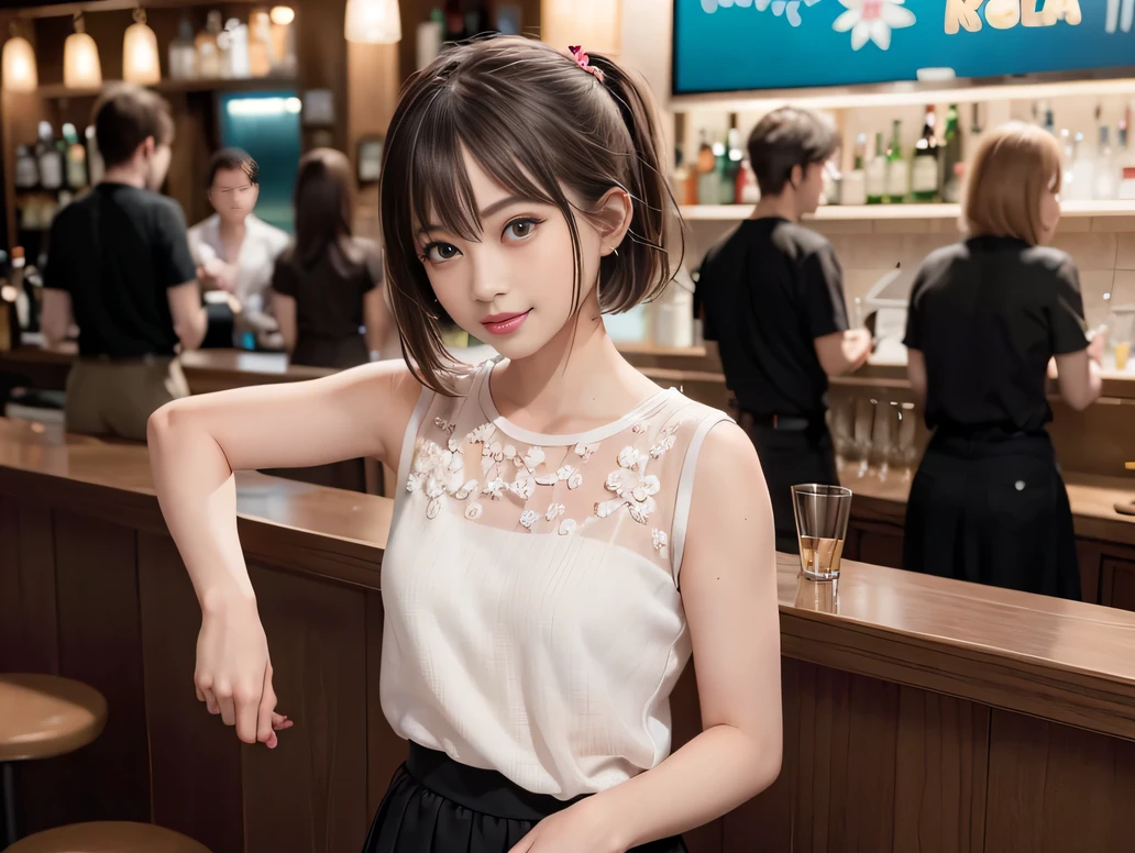 (Highest quality, masterpiece, Ultra-high resolution, 8K, RAW Photos, Realistic, Anatomically correct:1.5), (Stainless steel round bar fence:1.0, Put your elbow on the fence:1.2, 20-year-old girl:1.2, Embarrassing, avert your eyes, blush:1.0, View Viewer, ((bar)) 、Night view、 Light:1.2, Bokeh, Cinema Lighting:1.0, Depth of written boundary, sharp、 Cute face、Idol、Black short sleeve lace top、Black pleated skirt、Black clothing、”dwarf”、(Floral clothes)、Full Body Shot、Side angle、Cowboy Shot、 smile、(Ultra short hair、Short ponytail)、(Straight bangs)、((See-through))、(( One Girl))
