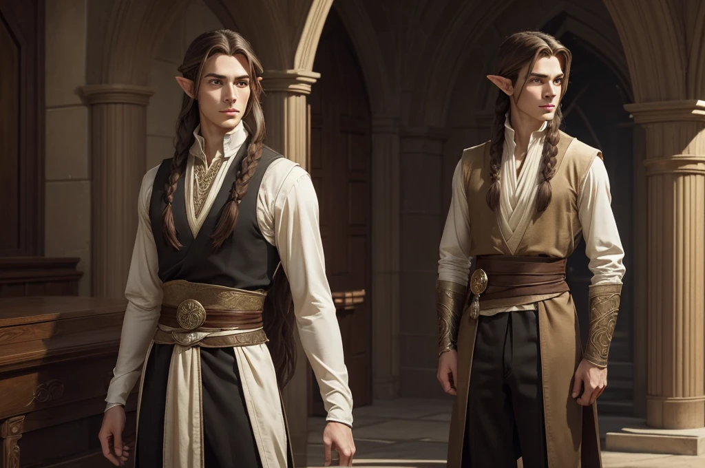 an elegant and personable half-elf, with a refined posture and delicate elven features inherited from his mother. His hair is long and brown, usually tied in a ponytail, and his eyes are a deep brown. He wears sophisticated clothes and always carries an air of mystery and knowledge. (digital art, fantasy art, RPG art)
