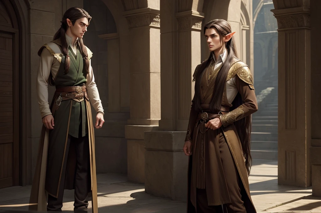 an elegant and personable half-elf, with a refined posture and delicate elven features inherited from his mother. His hair is long and brown, usually tied in a ponytail, and his eyes are a deep brown. He wears sophisticated clothes and always carries an air of mystery and knowledge. (digital art, fantasy art, RPG art)