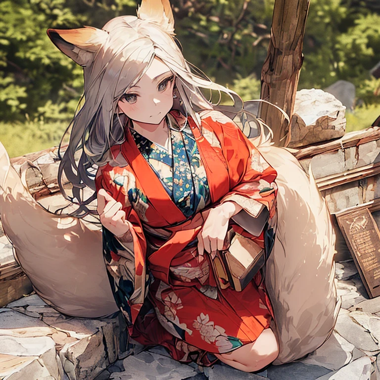 (Fox Girl, Fox Ears, Black colored hair, Fox Makeup, One Girl, Long Hair:1.6), (kimono, Kimono with open chest, A beautiful kimono with red and black patterns, I can see her cleavage, Open chest, Exposed skin:1.8), (Body measurements are 75-60-75!, Young girl body, Small breasts, Small breasts, Emphasize the chest, Knees are slightly visible, Muscular, Abdominal muscles, Hide your own chest with your hands:1.9), Avatar, face, lewd face, Dominant representation, naughty face, Uplifting, Skin Texture, outside, Grassy field