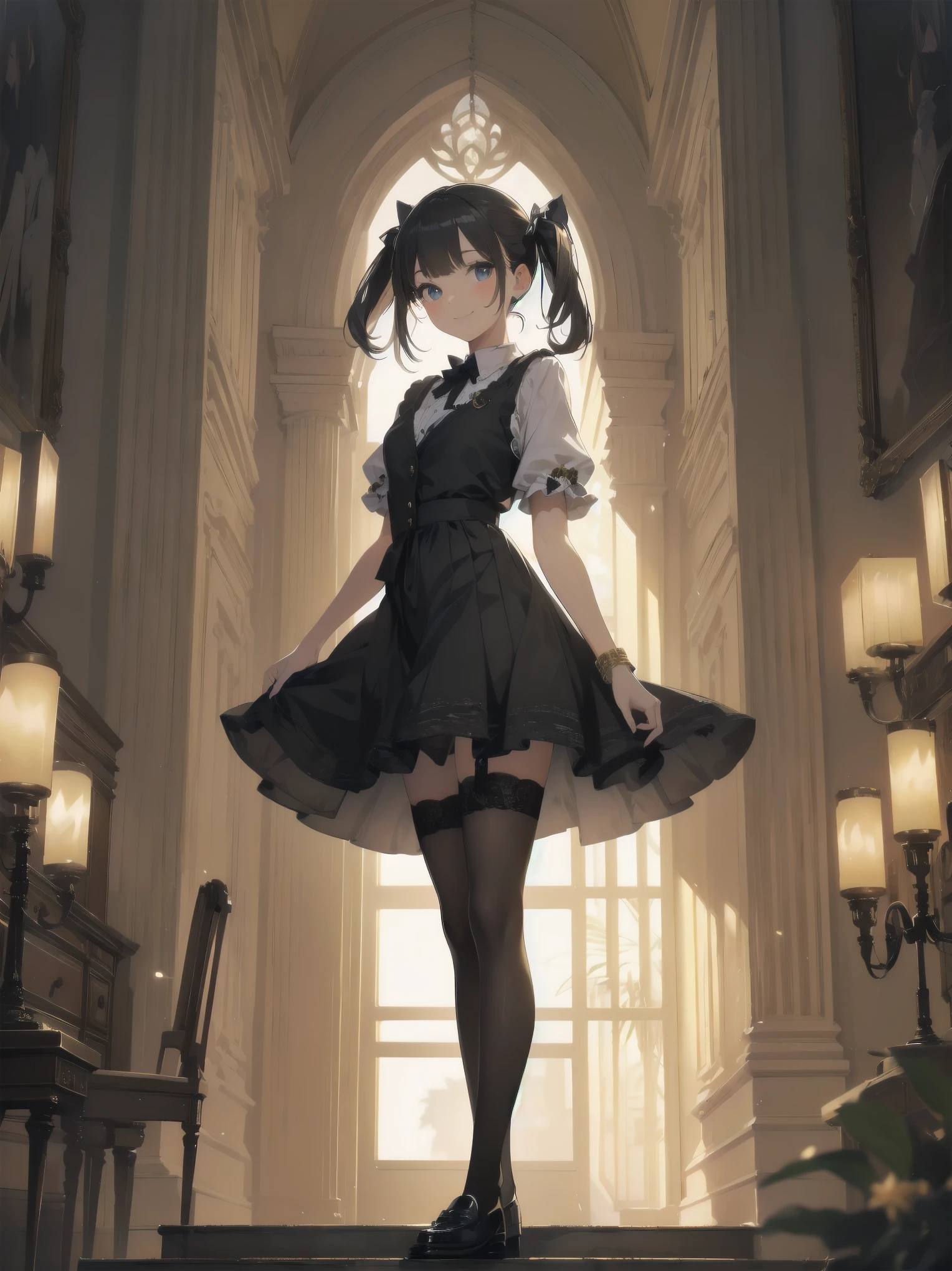 A lavish, photorealistic illustration of Soro, a charming 19th-century maiden, exudes elegance in a masterfully crafted scene. Framed by a ornate, gilded archway, she stands poised, her twintails adorned with sparkling bows, her cardigan vest and short-sleeved shirt perfectly complementing her plaid skirt. Over black legwear, her loafers add a touch of whimsy. A radiant smile spreads across her face, her eyes sparkling like diamonds in the soft, golden light. Every detail, from the intricate lace trim to the delicate folds of her garments, is meticulously rendered by a master illustrator's hand, Dynamic angle shooting by Spielberg、Audrey Hepburn's acting instruction: Dynamic poses
