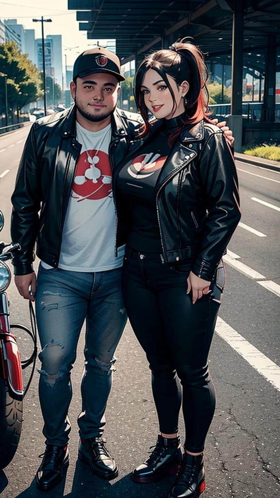 Couple, A chubby man, oval face, wearing Black leather jacket , Wear jeans, wear black shoes, is in a Highway,, with an aesthetic view, clear white lighting, is standing, smiling, Behind him is a Red Harley-Davidson motorbike , Next to him is his wife wearing a red hijab, wearing a black leather jacket, wearing jeans, wearing shoes