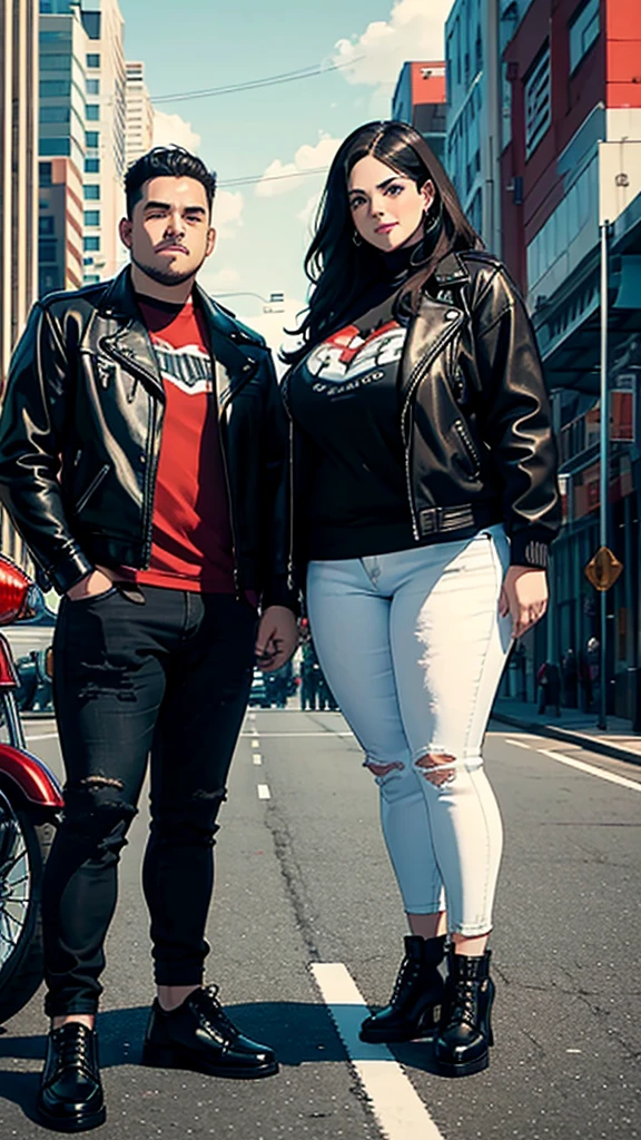 Couple, A chubby man, oval face, wearing Black leather jacket , Wear jeans, wear black shoes, is in a Highway,, with an aesthetic view, clear white lighting, is standing, smiling, Behind him is a Red Harley-Davidson motorbike , Next to him is his wife wearing a red hijab, wearing a black leather jacket, wearing jeans, wearing shoes 