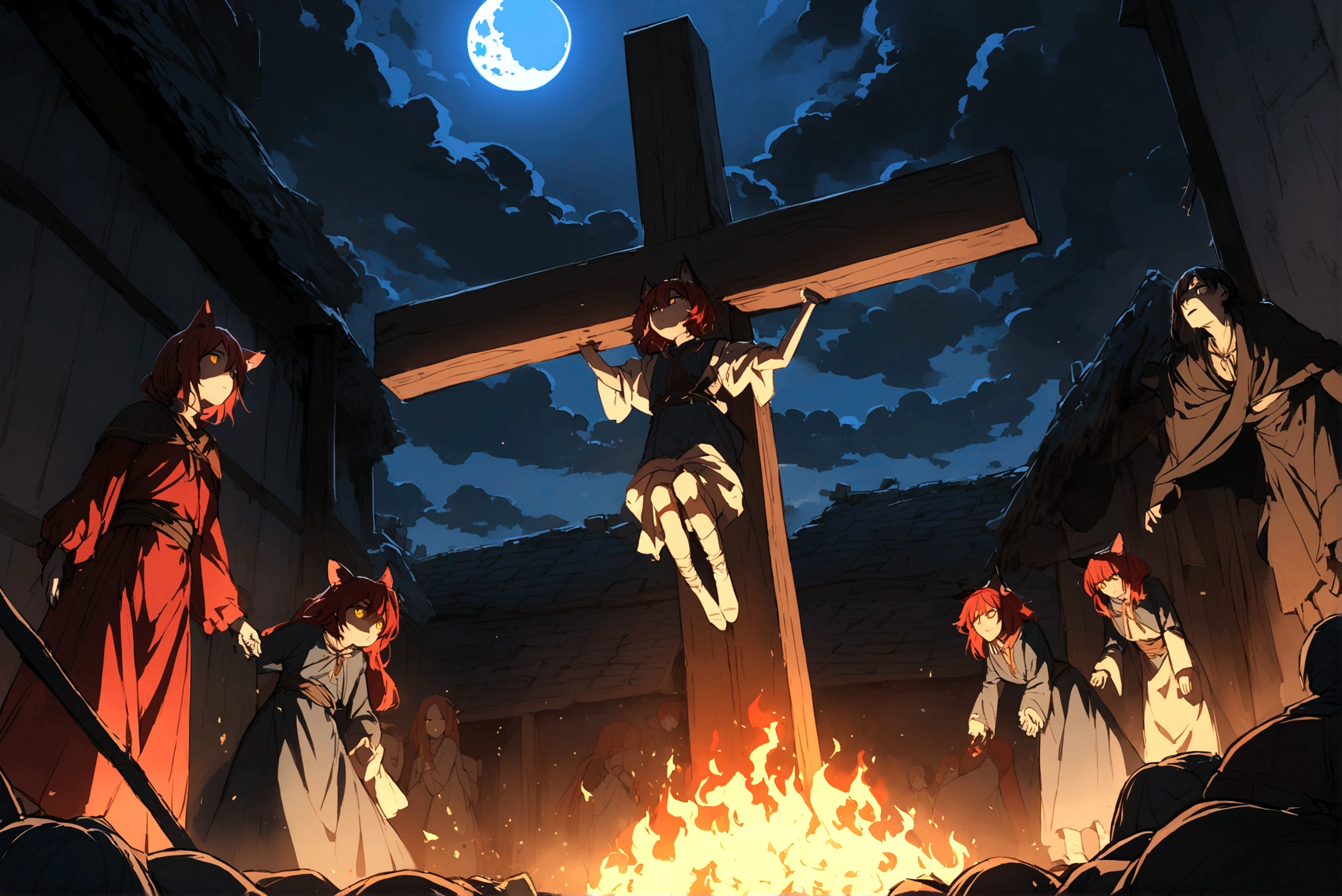 Red-haired girl, Yellow eyes, cat ears, cold and dead eyes, in the middle of a village whose residents are hanging on a cross, with fire beneath them, and heads thrown on the ground, a blue moon covered by clouds.